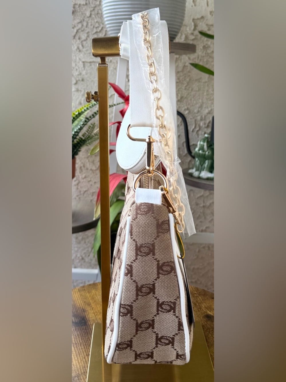 bebe Brown, White & Gold Logo Hobo Shoulder Bag with Coin Pouch - Picture 3 of 16